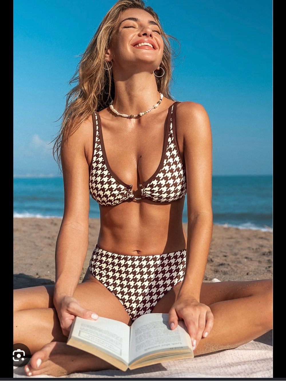 CUPSHE  x Jojo Fletcher Brown + White Houndstooth S Top and L High-Waist Bottom